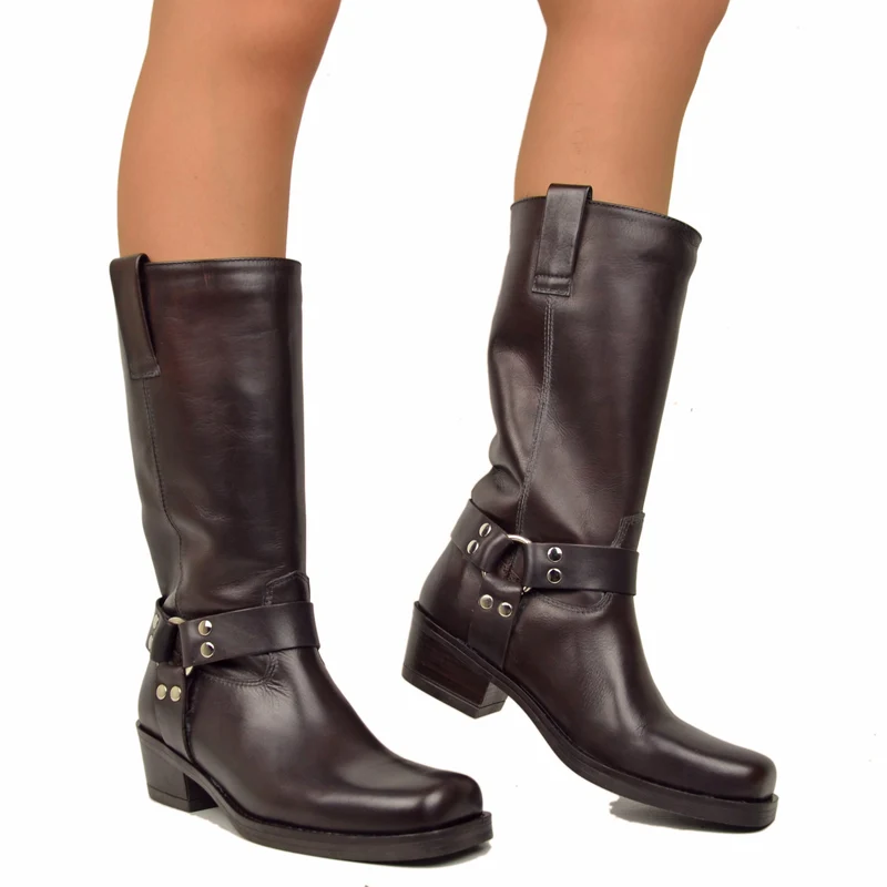 Stivali Punta Quadra Western Tacco 5 Cm Vera Pelle Borchiati Marroni