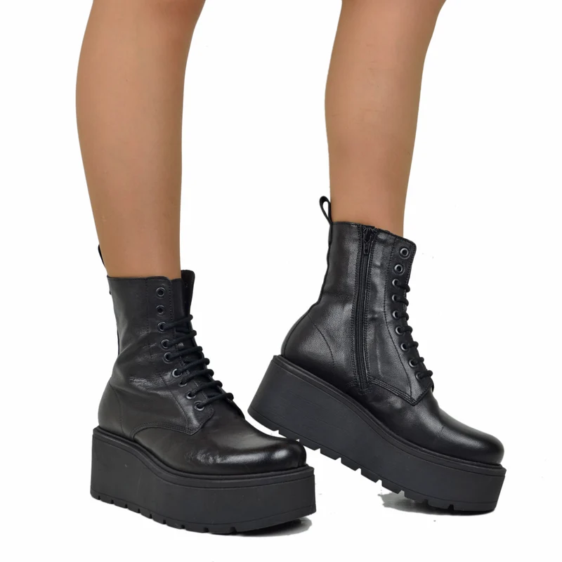 Stivaletti Platform di 7 cm Vera Pelle Morbidi Chunky Boots Neri