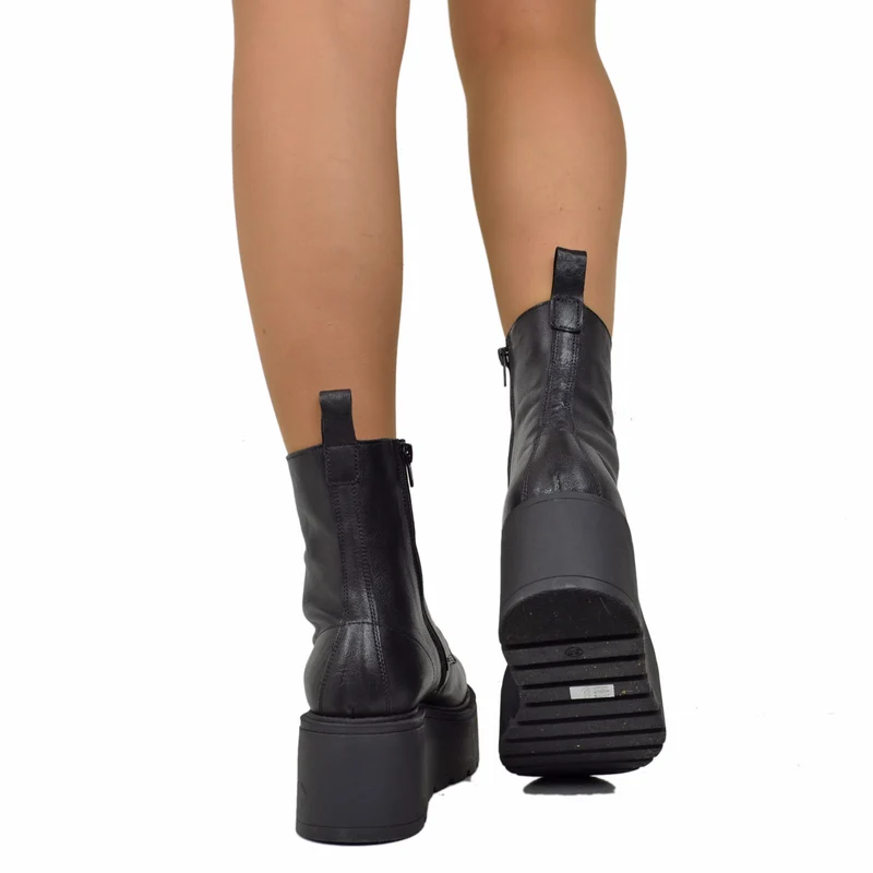 Stivaletti Platform di 7 cm Vera Pelle Morbidi Chunky Boots Neri
