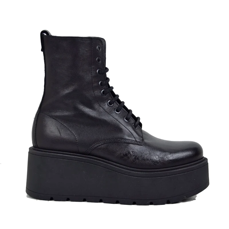 Stivaletti Platform di 7 cm Vera Pelle Morbidi Chunky Boots Neri