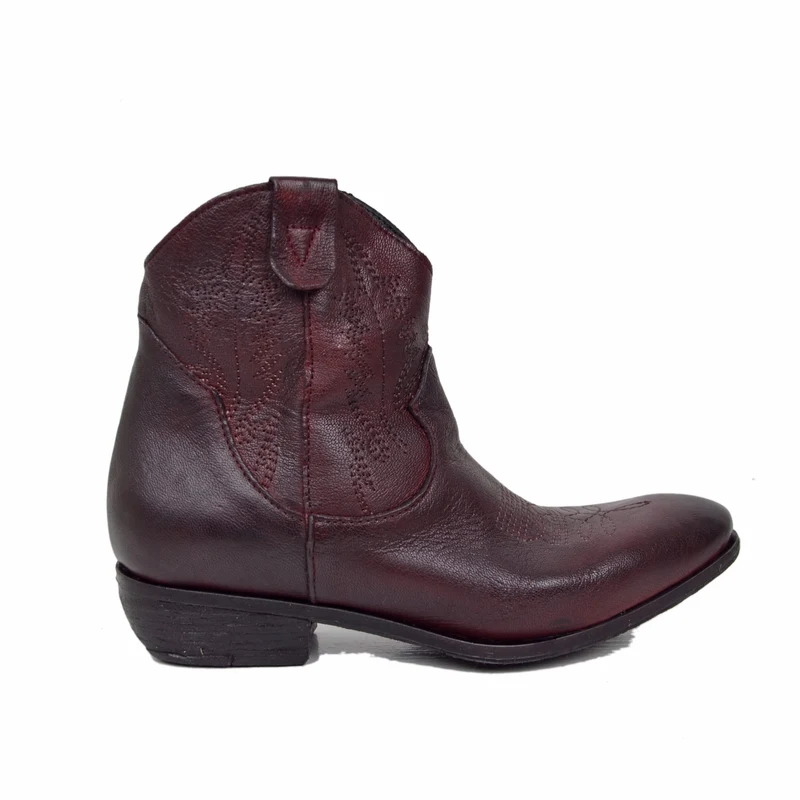 Stivaletti Donna Texani in Pelle color Burgundy Effetto Used