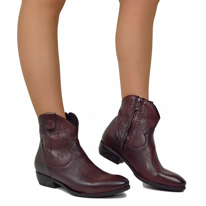Stivaletti Donna Texani in Pelle color Burgundy Effetto Used