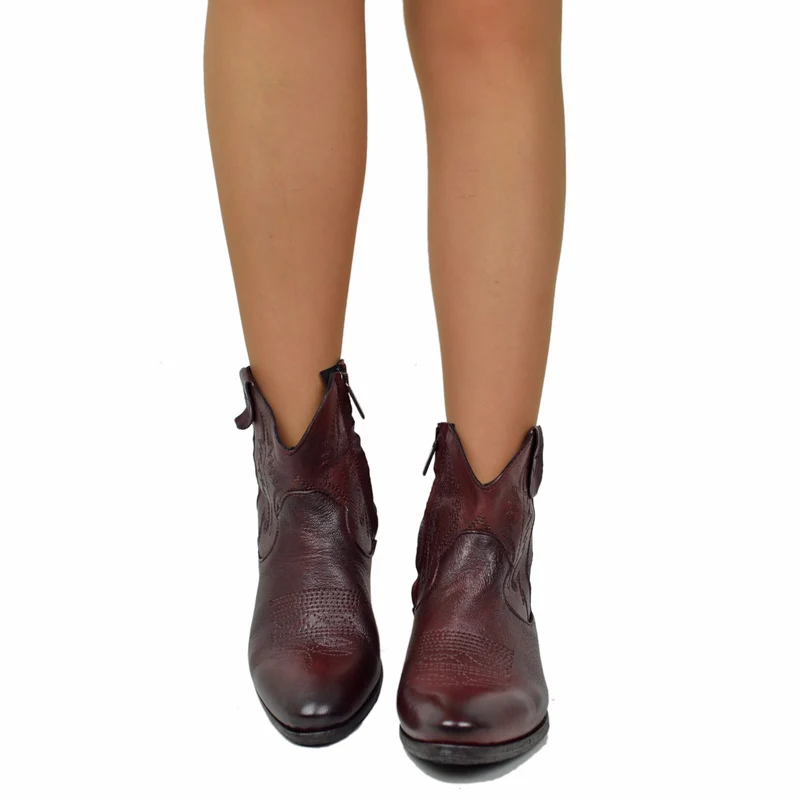 Stivaletti Donna Texani in Pelle color Burgundy Effetto Used
