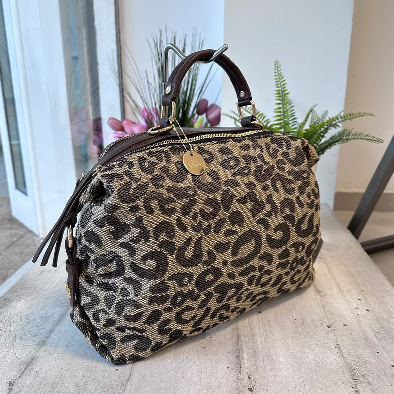 Borsa a Valigetta Grande Leopardata Finta Pelle Marrone "ELENA"