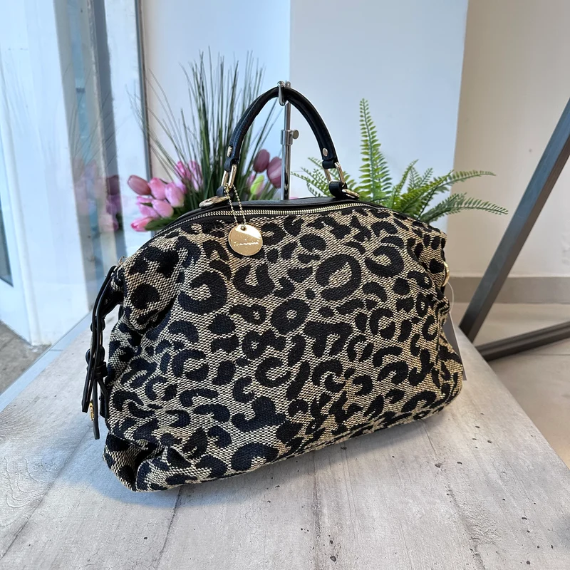 Borsa a Valigetta Grande Leopardata Finta Pelle Nero