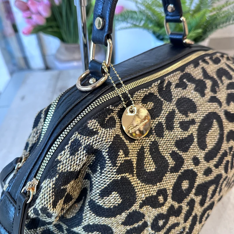 Borsa a Valigetta Grande Leopardata Finta Pelle Nero