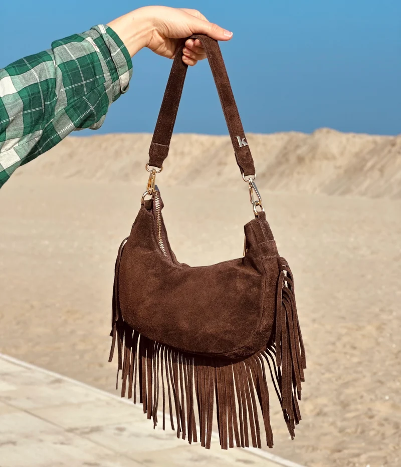 Borsa con Frange in Vera Pelle Scamosciata a Mezzaluna Marrone ARYA