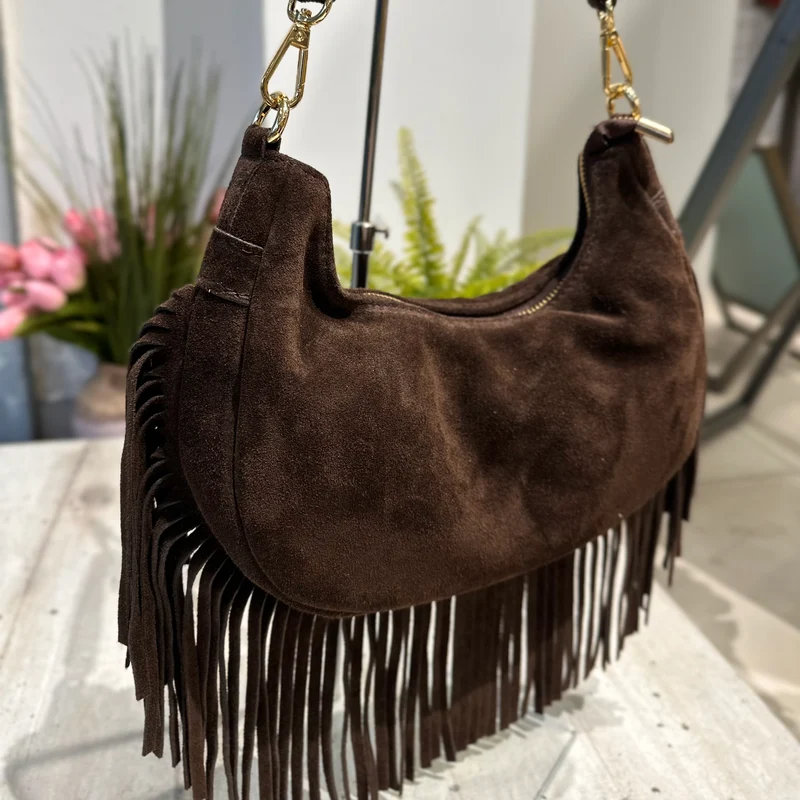 Borsa con Frange in Vera Pelle Scamosciata a Mezzaluna Marrone ARYA