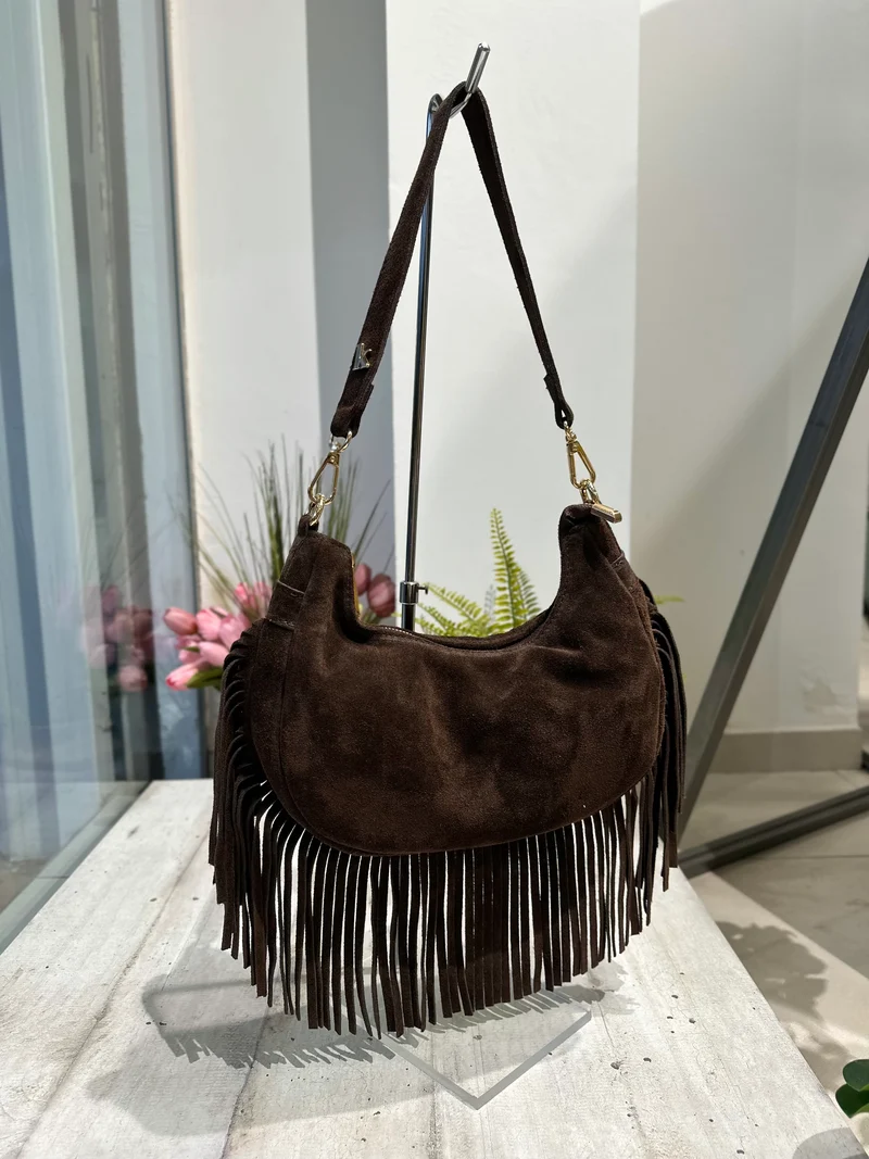 Borsa con Frange in Vera Pelle Scamosciata a Mezzaluna Marrone ARYA