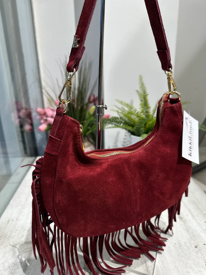 Borsa con Frange in Vera Pelle Scamosciata a Mezzaluna Bordeaux ARYA