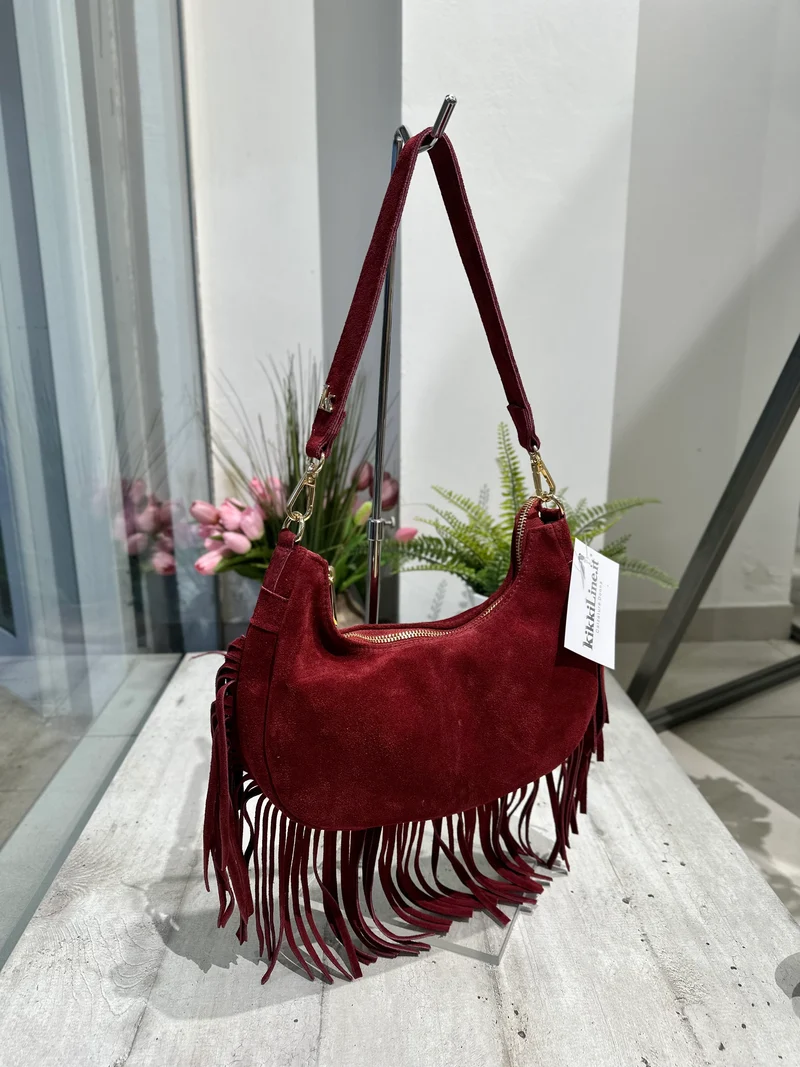 Borsa con Frange in Vera Pelle Scamosciata a Mezzaluna Bordeaux ARYA
