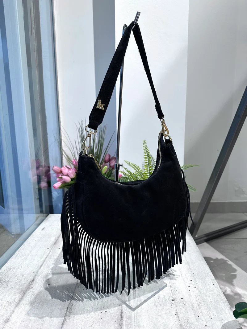 Borsa con Frange in Vera Pelle Scamosciata a Mezzaluna Nero ARYA