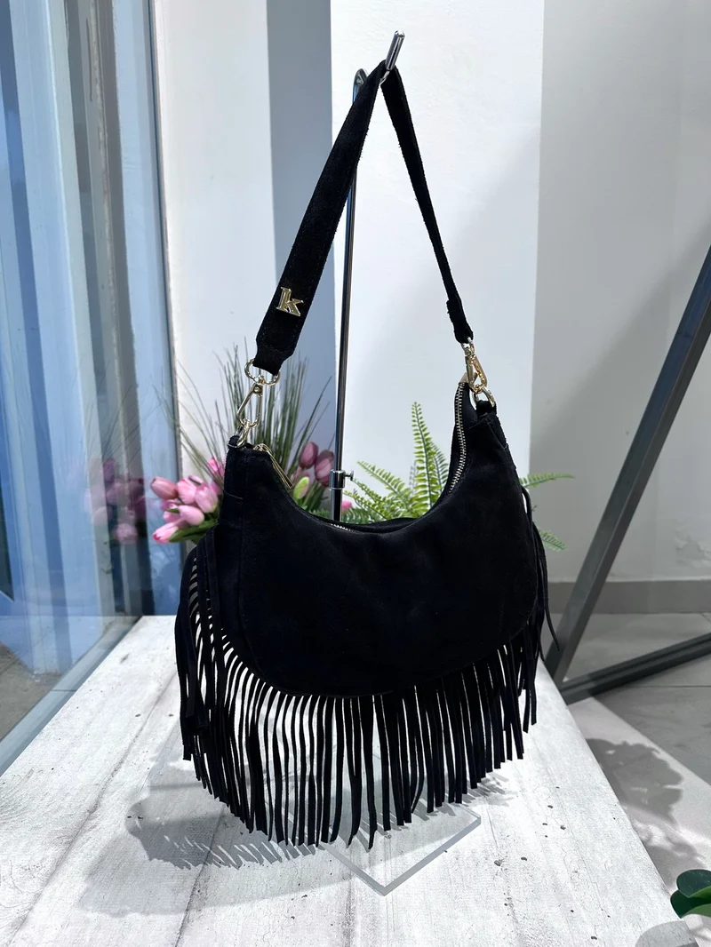 Borsa con Frange in Vera Pelle Scamosciata a Mezzaluna Nero ARYA
