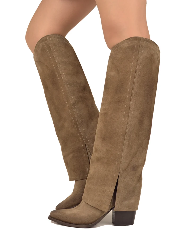 Stivali Eleganti Alti con Ghetta Vera Pelle Scamosciata Taupe Tacco 8 cm