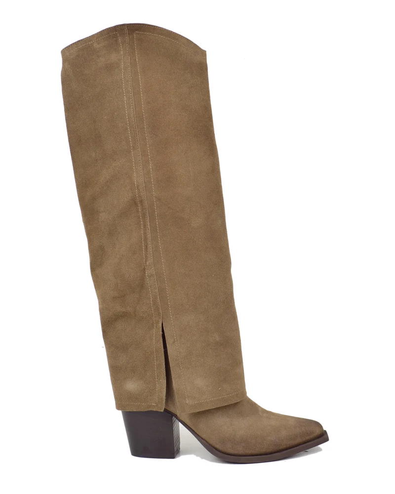 Stivali Eleganti Alti con Ghetta Vera Pelle Scamosciata Taupe Tacco 8 cm