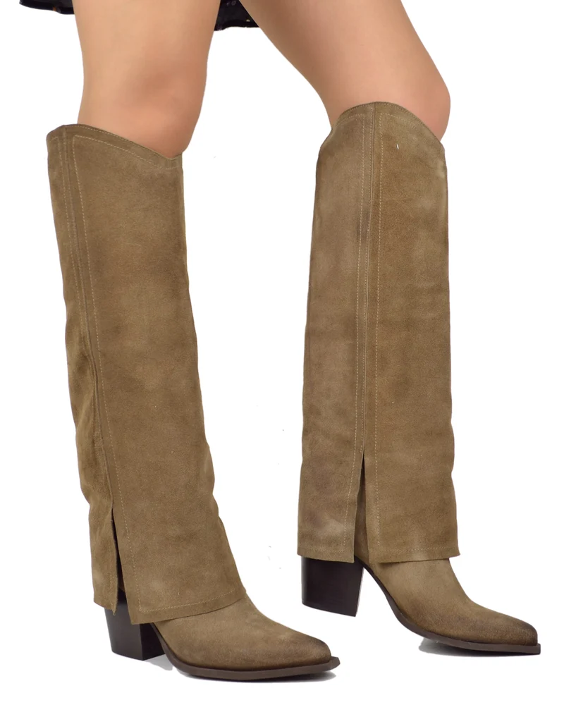 Stivali Eleganti Alti con Ghetta Vera Pelle Scamosciata Taupe Tacco 8 cm