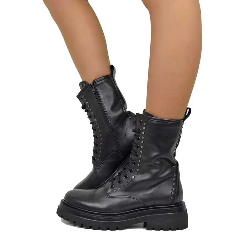 Stivali Anfibi Stringati con Borchiette Argentate Vera Pelle Chunky Boots