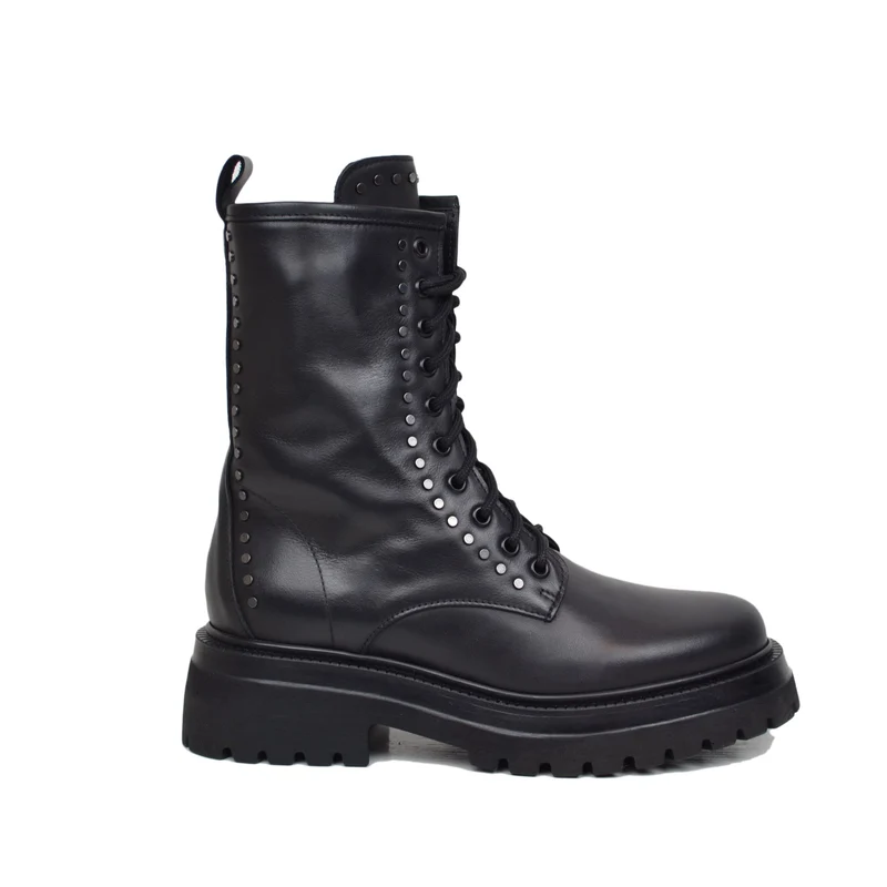 Stivali Anfibi Stringati con Borchiette Argentate Vera Pelle Chunky Boots