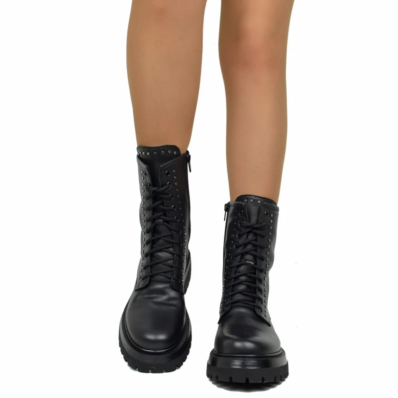 Stivali Anfibi Stringati con Borchiette Argentate Vera Pelle Chunky Boots