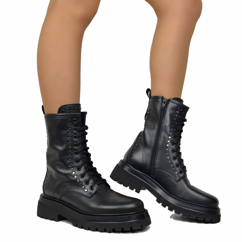 Stivali Anfibi Stringati con Borchiette Argentate Vera Pelle Chunky Boots