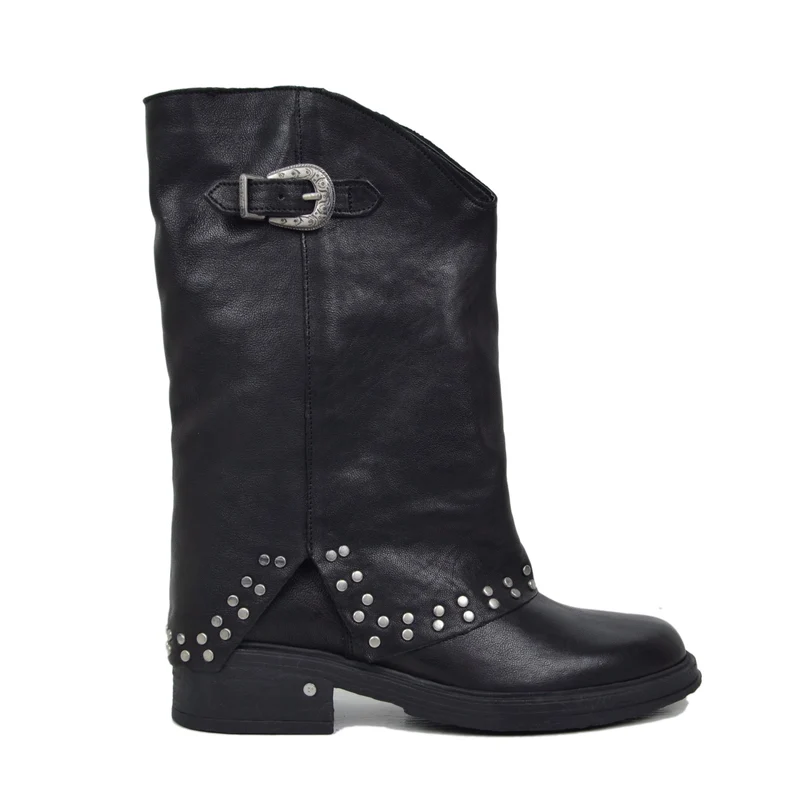 Biker Boots con Borchie Argentate e Ghetta Vera Pelle Nero