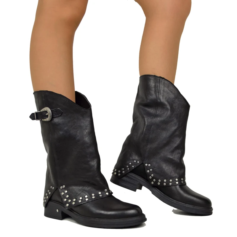 Biker Boots con Borchie Argentate e Ghetta Vera Pelle Nero