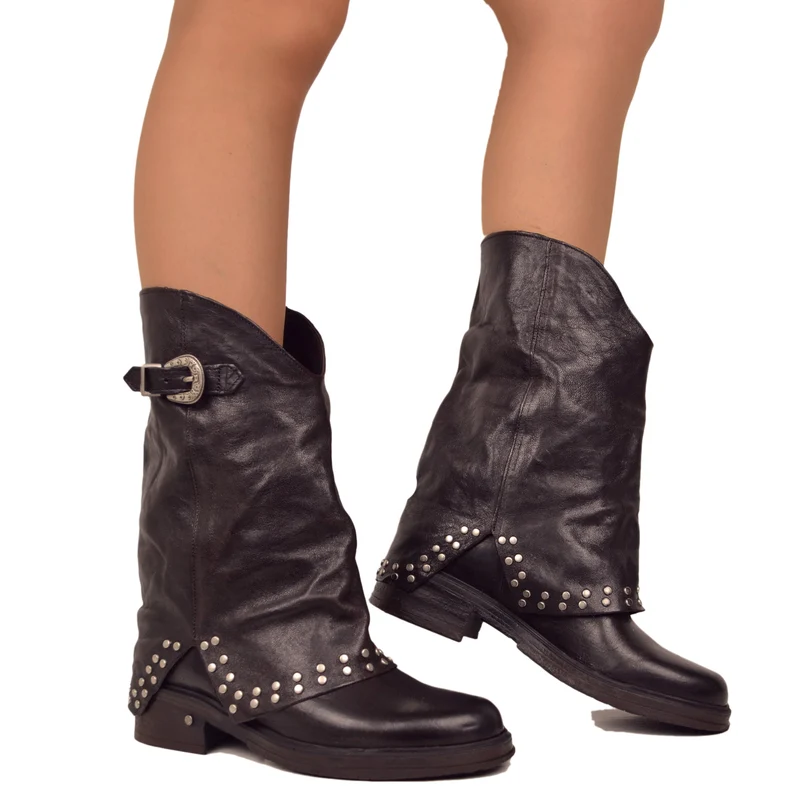 Biker Boots con Borchie Argentate e Ghetta Pelle Testa di Moro