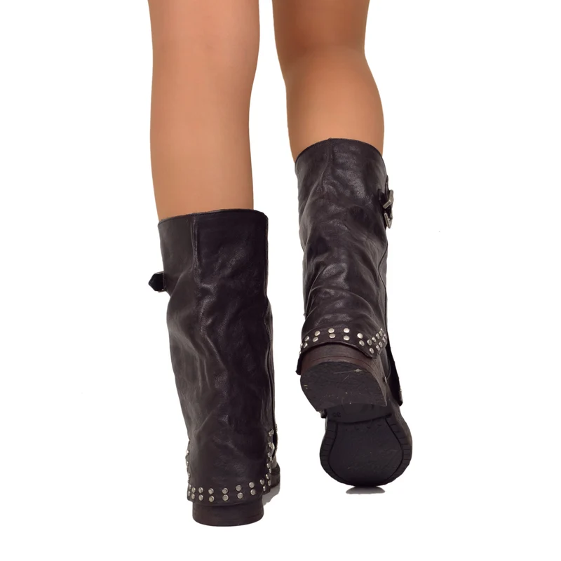 Biker Boots con Borchie Argentate e Ghetta Pelle Testa di Moro