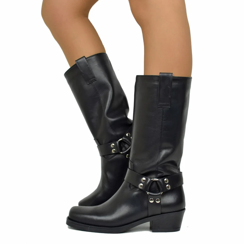 Stivali Punta Quadra Western Tacco 5 Cm Vera Pelle Borchiati Neri