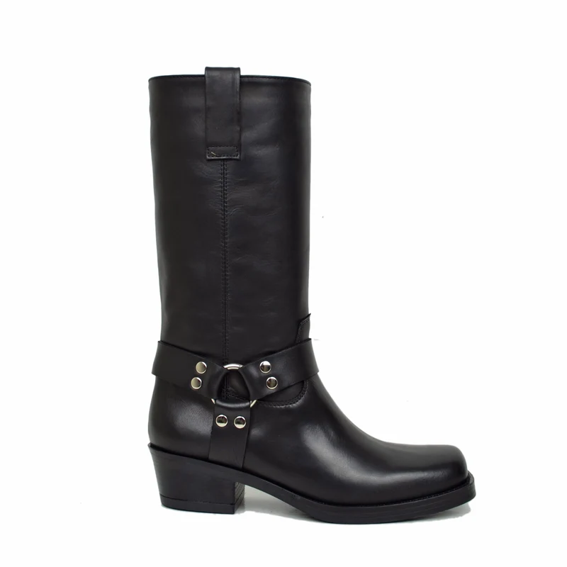 Stivali Punta Quadra Western Tacco 5 Cm Vera Pelle Borchiati Neri
