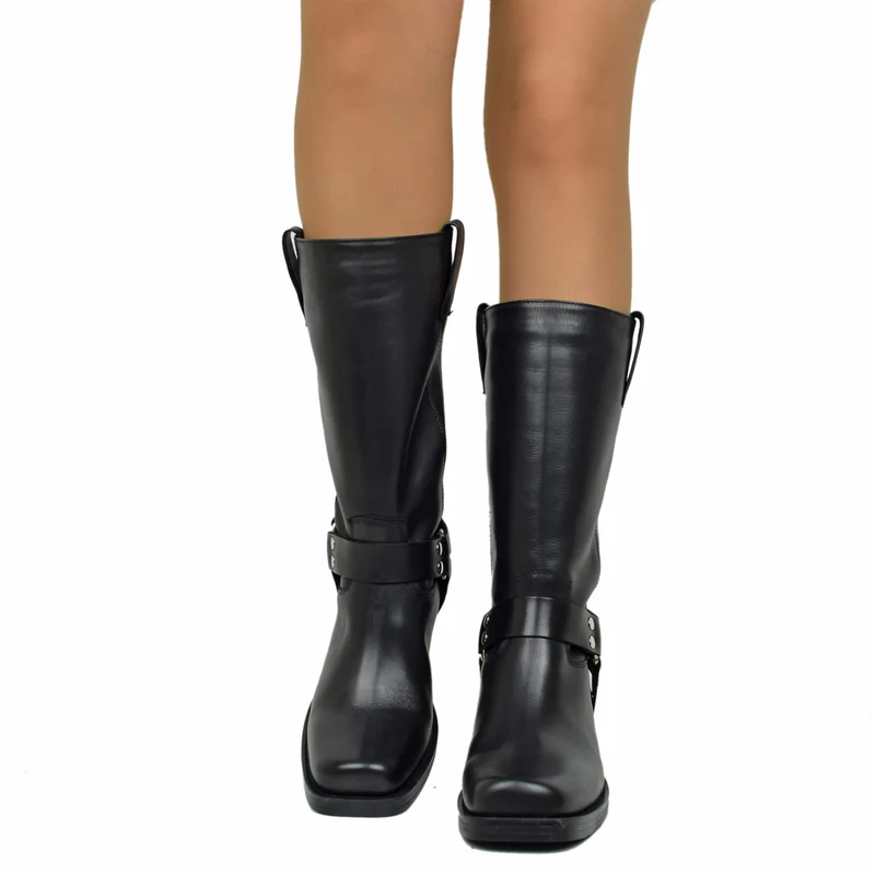 Stivali Punta Quadra Western Tacco 5 Cm Vera Pelle Borchiati Neri
