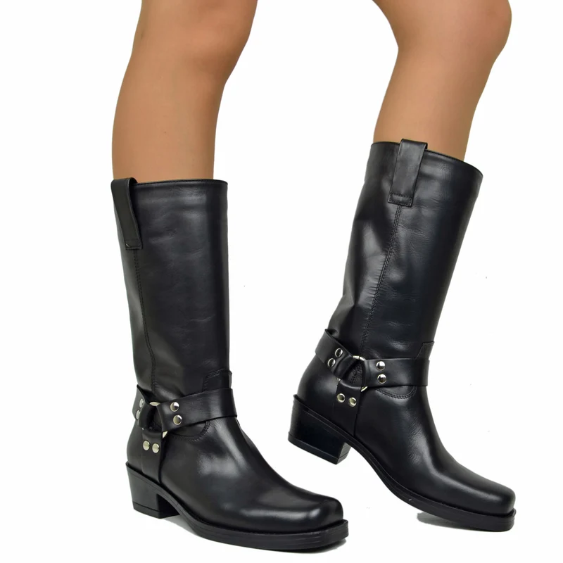 Stivali Punta Quadra Western Tacco 5 Cm Vera Pelle Borchiati Neri