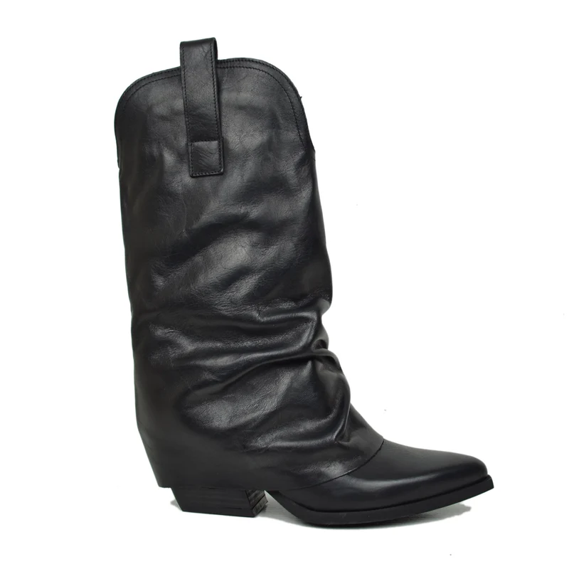 Texanini in Vera Pelle Gambale Medio Neri con Ghetta Tacco 7 Cm