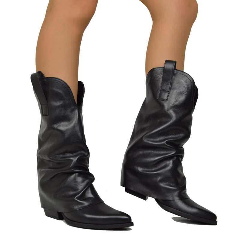 Texanini in Vera Pelle Gambale Medio Neri con Ghetta Tacco 7 Cm