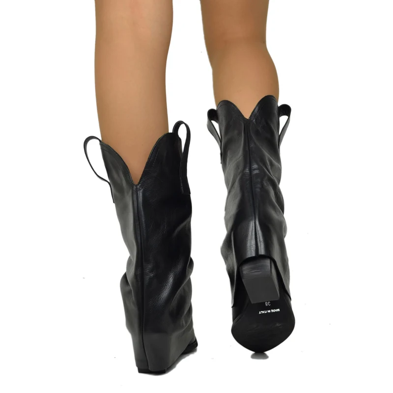 Texanini in Vera Pelle Gambale Medio Neri con Ghetta Tacco 7 Cm