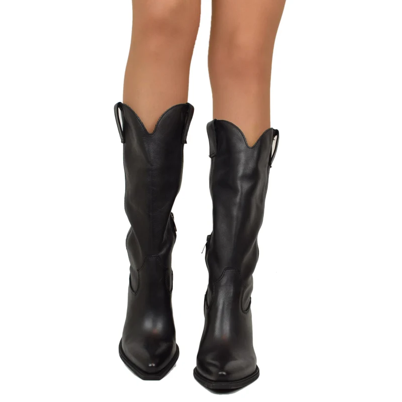 Stivali Alti Texani Lisci Eleganti in Vera Pelle Nera Tacco 9 cm