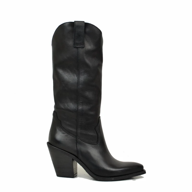 Stivali Alti Texani Lisci Eleganti in Vera Pelle Nera Tacco 9 cm