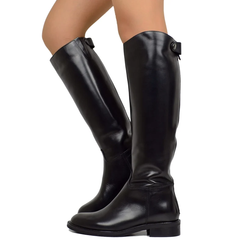 Stivali Cavallerizza Donna in Pelle Nera Eleganti con Zip e Bottone