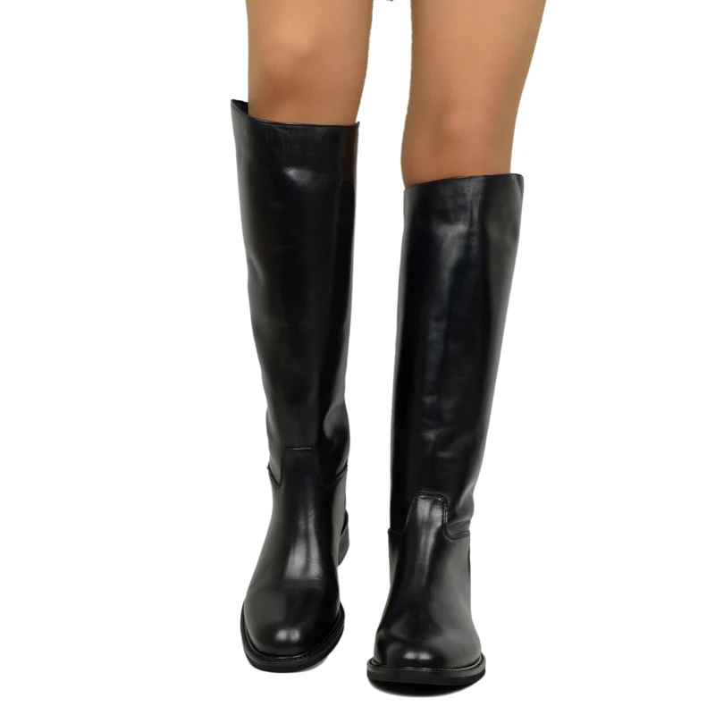 Stivali Cavallerizza Donna in Pelle Nera Eleganti con Zip e Bottone