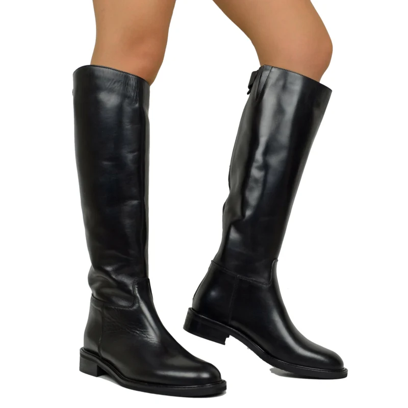 Stivali Cavallerizza Donna in Pelle Nera Eleganti con Zip e Bottone