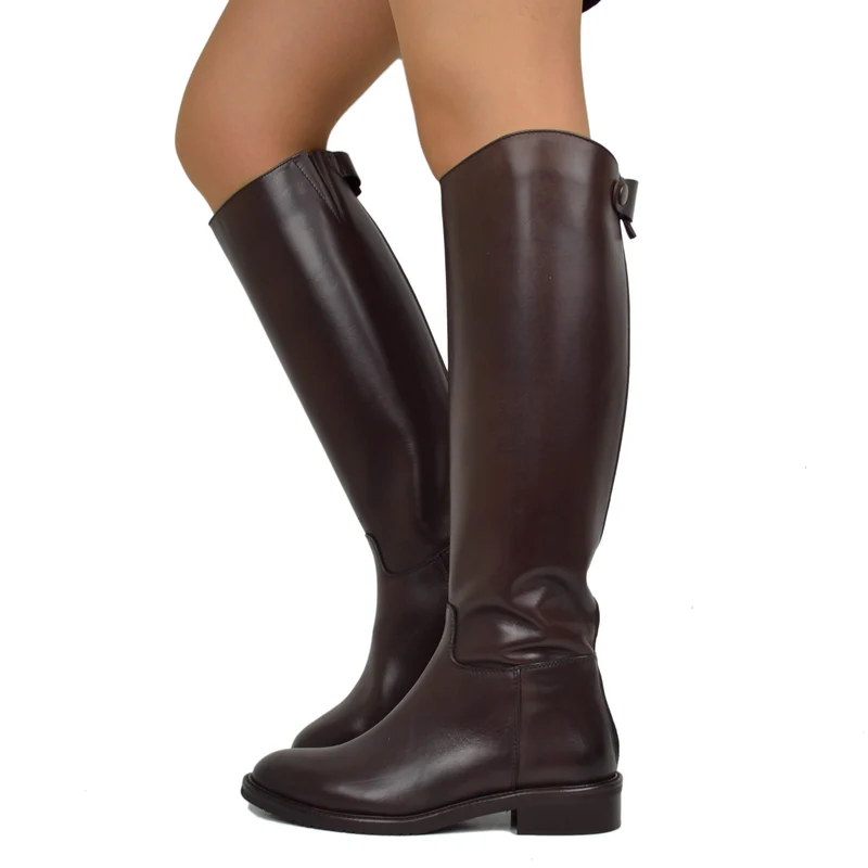 Stivali Cavallerizza Donna in Pelle Testa di Moro con Zip e Bottone