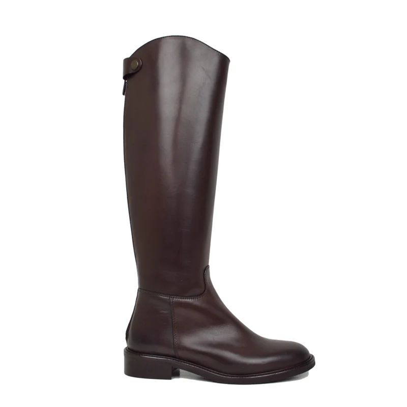 Stivali Cavallerizza Donna in Pelle Testa di Moro con Zip e Bottone