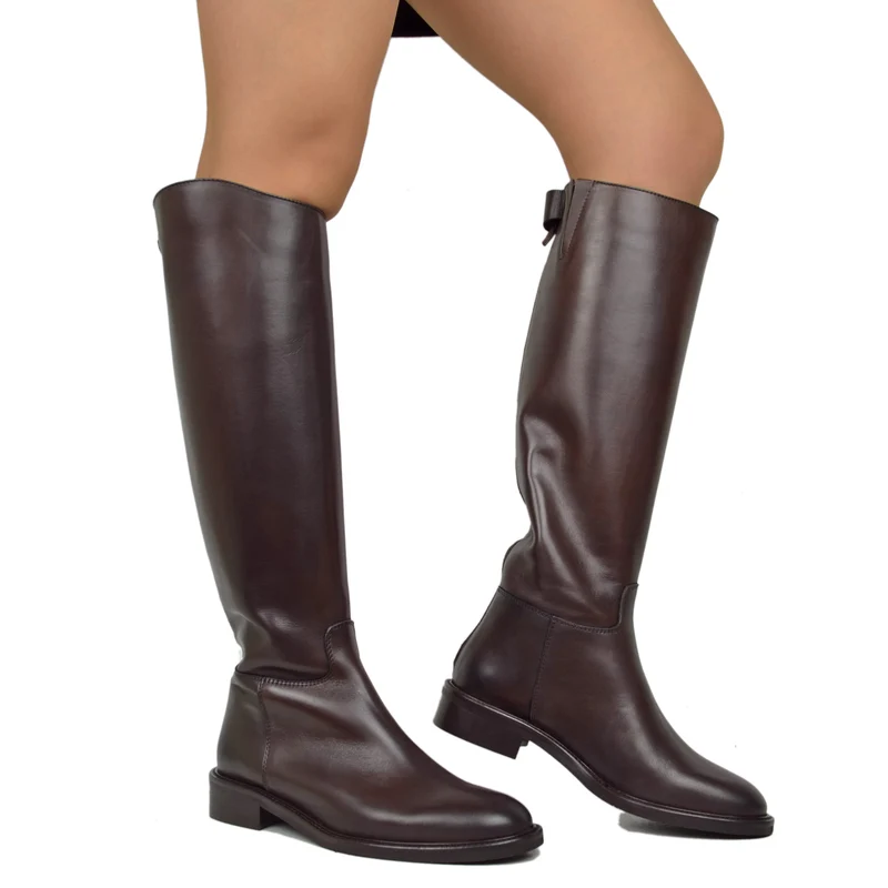 Stivali Cavallerizza Donna in Pelle Testa di Moro con Zip e Bottone