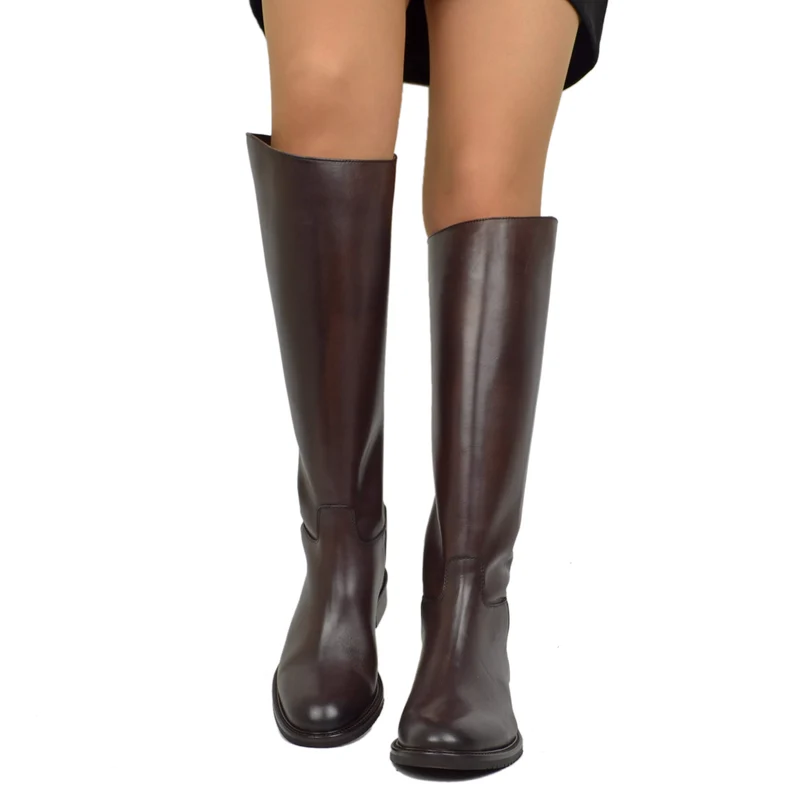 Stivali Cavallerizza Donna in Pelle Testa di Moro con Zip e Bottone