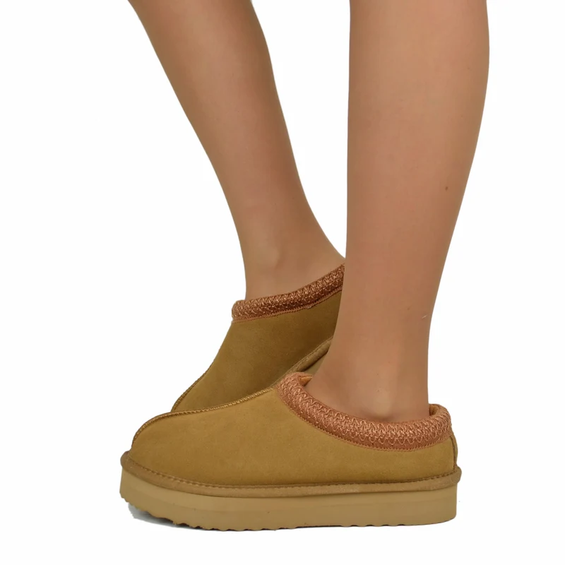 Ciabattone con Pelo in Vera Lana e Pelle Scamosciata Camel Platform