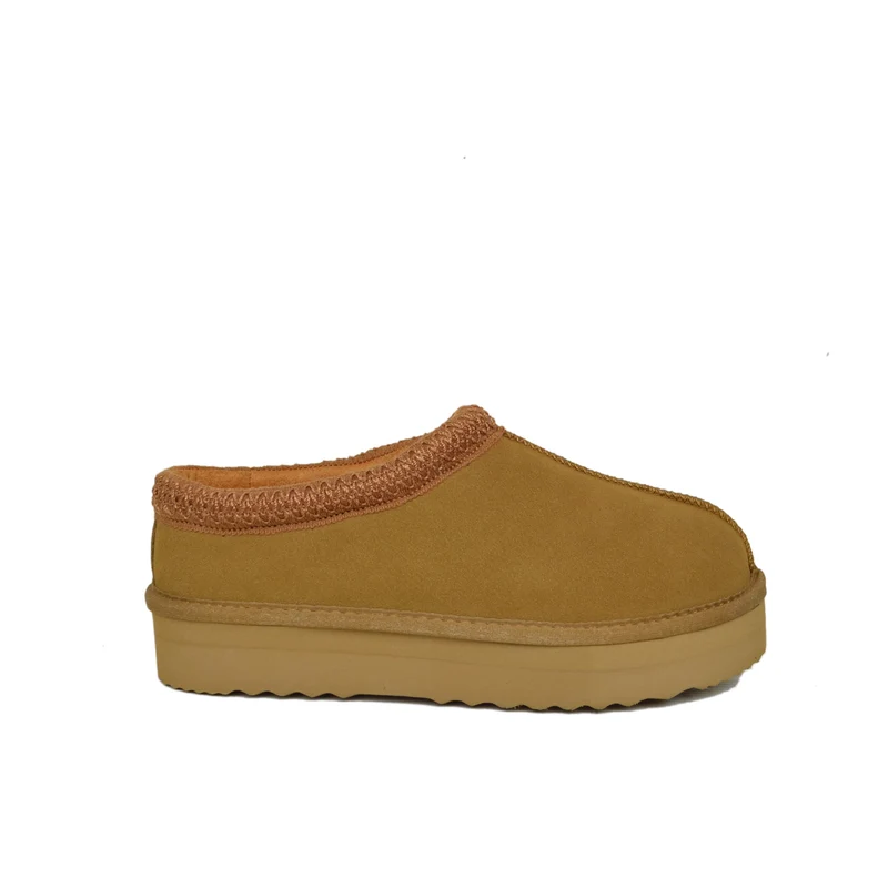 Ciabattone con Pelo in Vera Lana e Pelle Scamosciata Camel Platform