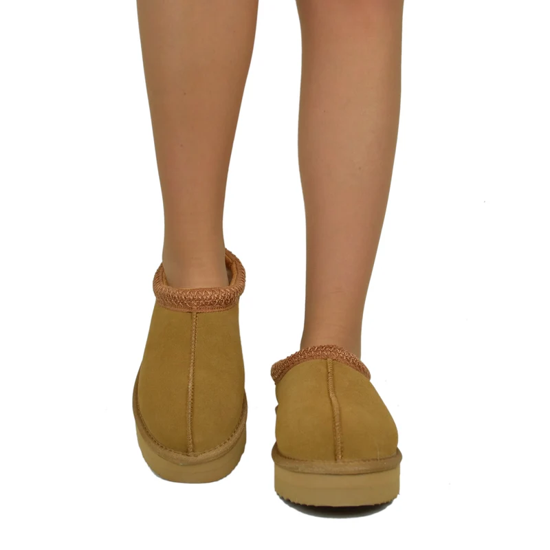 Ciabattone con Pelo in Vera Lana e Pelle Scamosciata Camel Platform