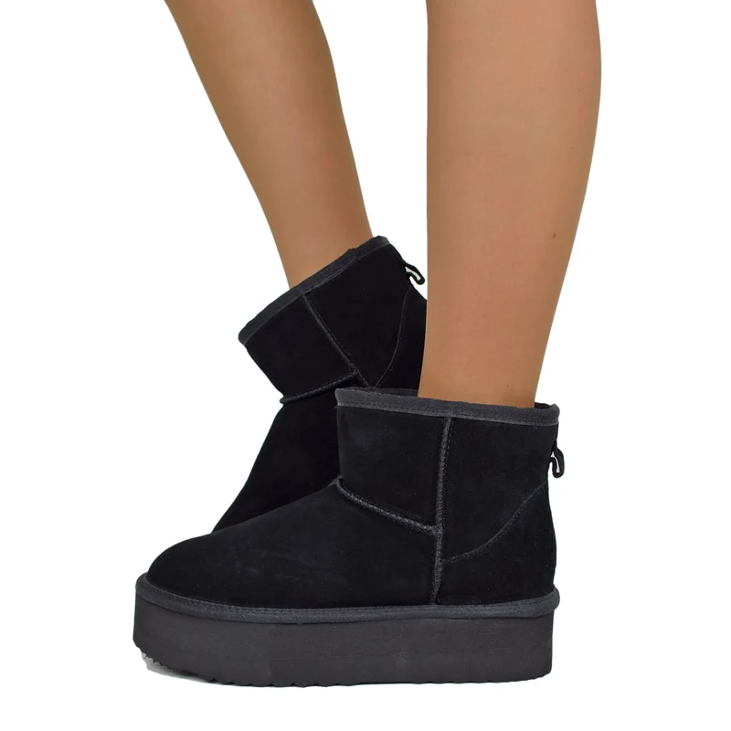 Stivaletti Platform Total Black in Pelle Scamosciata Imbottiti in Vera Lana