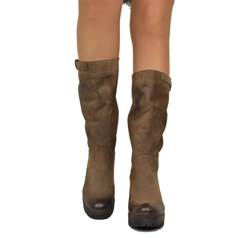 Stivali Donna in Pelle Nabuk Marroni con Tacco Made in Italy