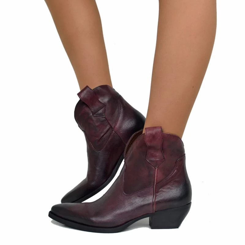 Stivaletti Texani in Pelle Bordeaux Effetto Stropicciato Tacco 5 cm Made in Italy